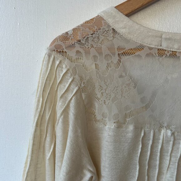 Patterson Kincaid Linen Blouse Womens Medium Cream Lace V-neck Made in USA FLAW - Picture 9 of 9